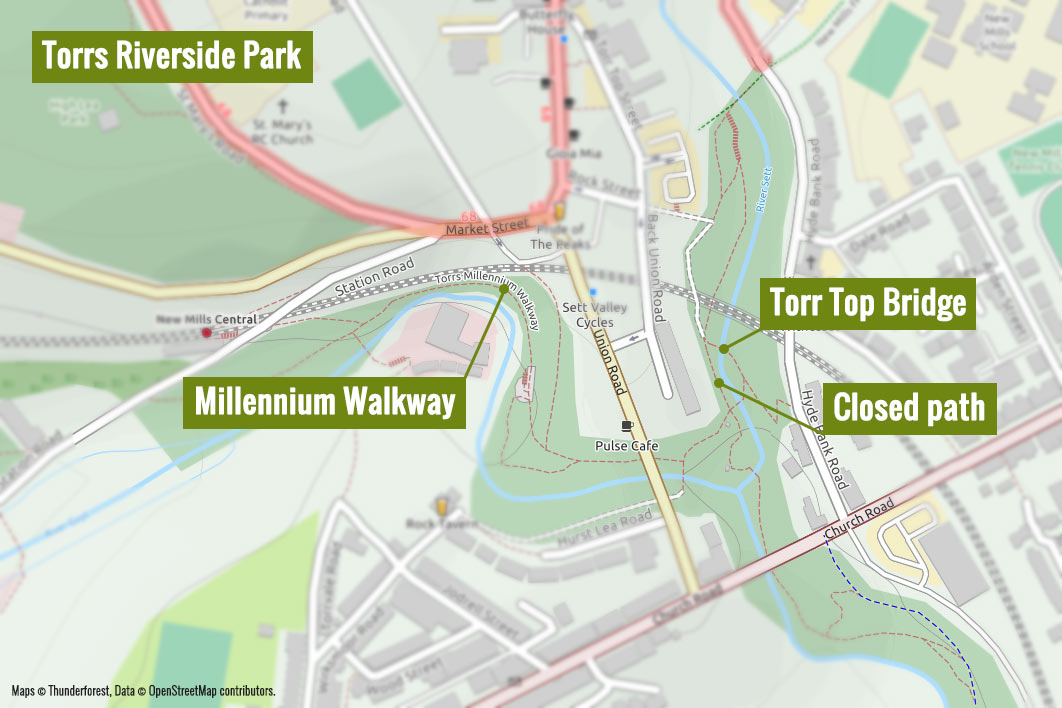 A map of the Torrs Riverside Park showing Torr Top Bridge near the closed path below Kinder View and the Millennium Walkway nearby