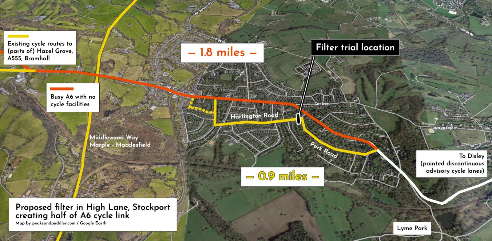 Map showing effect of road filter on cycle routes through High Lane.