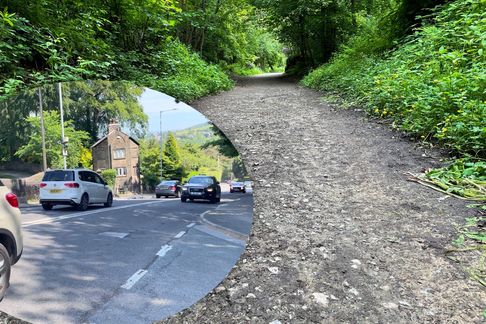 The bumpy path which avoids the Brabyns Brow road, shown inset with heavy traffic and no crossing facility.