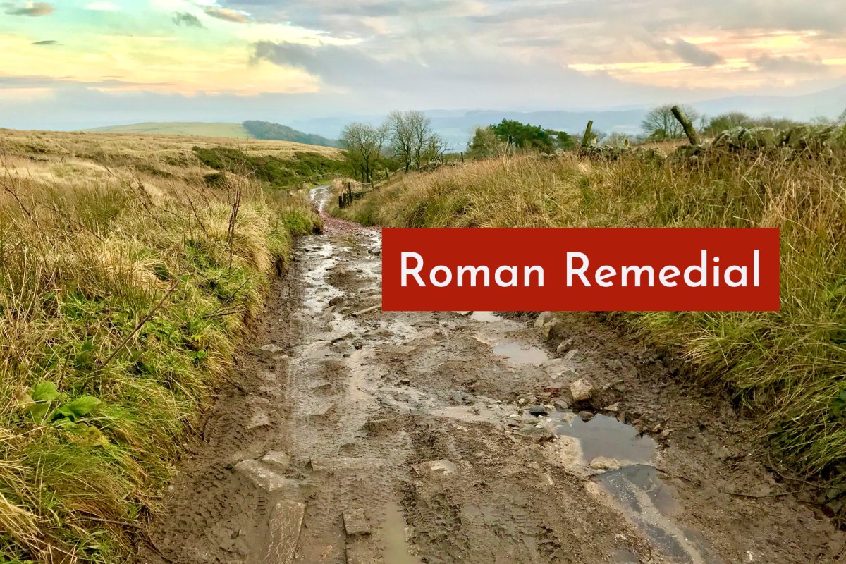 Text "Roman Remedial" overlaid onto a photo of the badly deteriorated right of way.